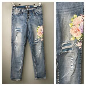 Black Daisy Jamie Skinny Jeans Size 5 27 Distressed Denim Floral Embellished